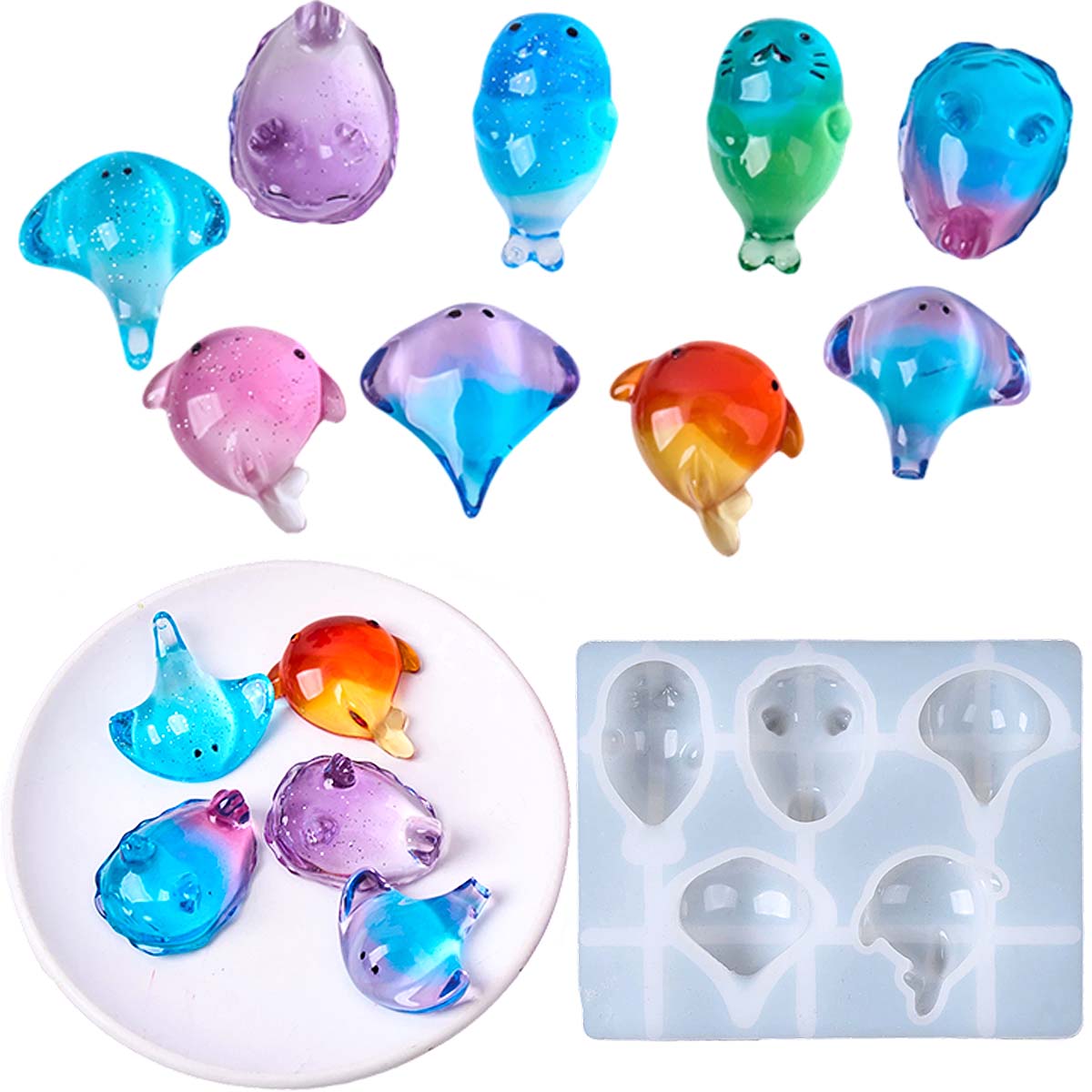 Resin Art A Keychain - 3D-Heilungs-Silikonform mit Kawaii Manta-Rochen- und Wal-Motiv