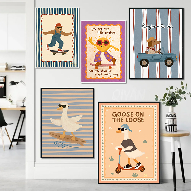 Resin Art For Kids - Niedliche Retro-Cartoon-Tier-Sport-Wandkunst Lustiges Surfen-Scooter-Diamant-Poster für Kinderzimmer,
