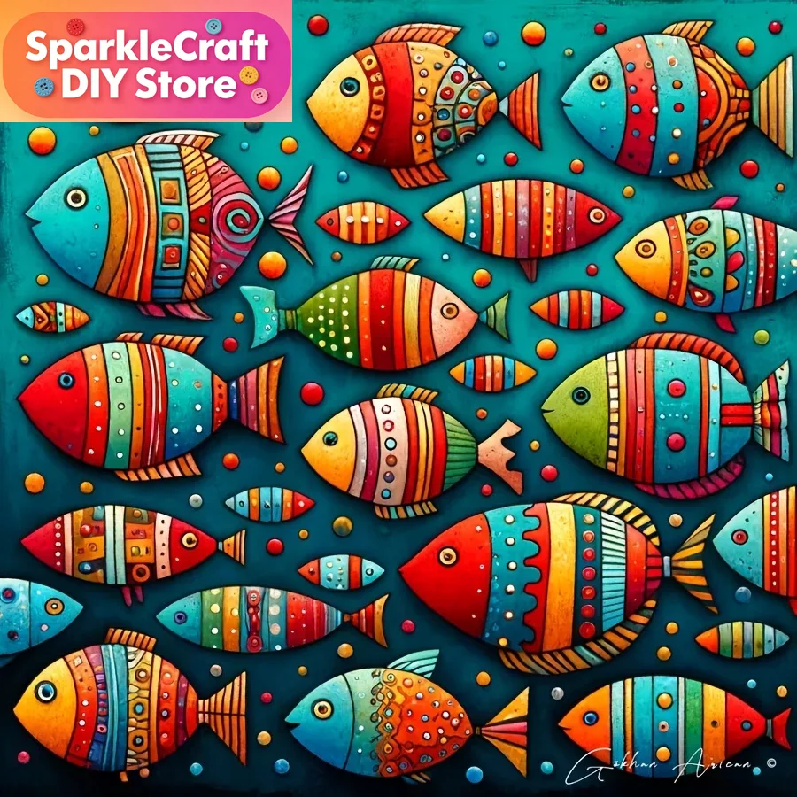 Resin Art For Beginners - Farbenfrohe, Verspielte Fischschwarm 5D Diamant-Malerei Set